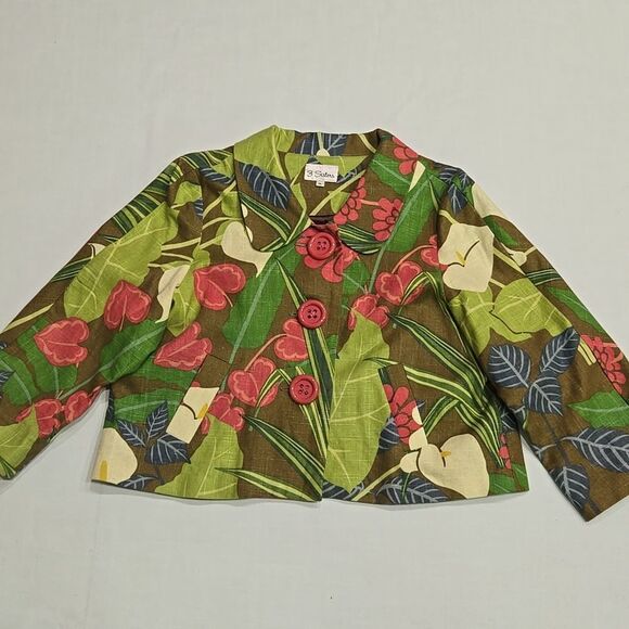 3 Sisters Linen Blend Floral Cropped Blazer Jacket Sz XL Cotton 3/4 Sleeve Boxy - Picture 15 of 16
